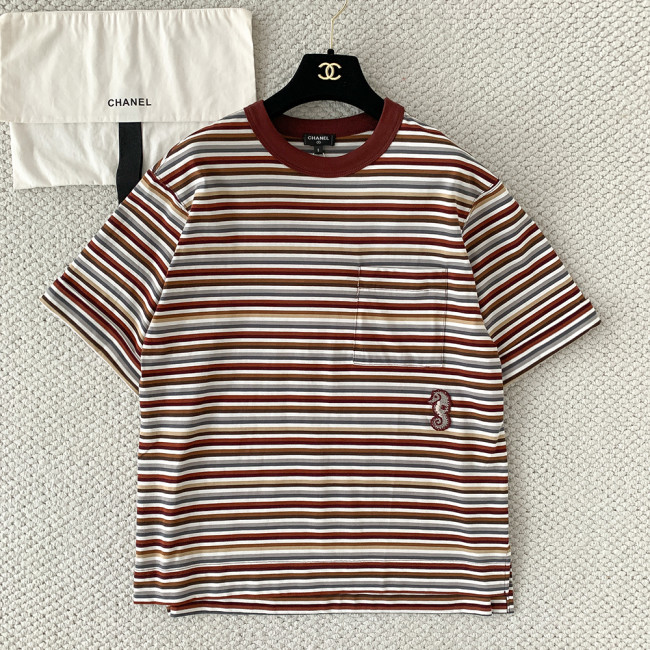 Chanel Seahorse Embroidery Striped Knitted T-shirt #384775