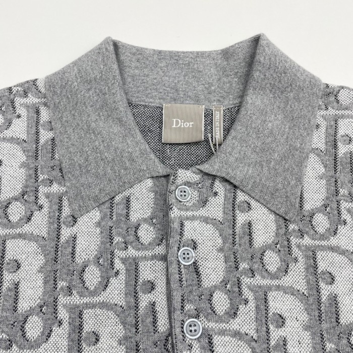 DIOR Dior Oblique Polo Shirt Regular Fit Gray Cotton-Wool-Silk Jacquard #384706