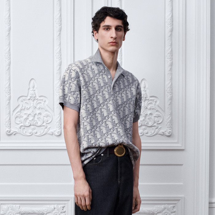 DIOR Dior Oblique Polo Shirt Regular Fit Gray Cotton-Wool-Silk Jacquard #384706