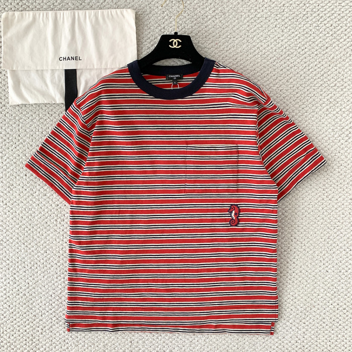 Chanel Seahorse Embroidery Striped Knitted T-shirt #384775