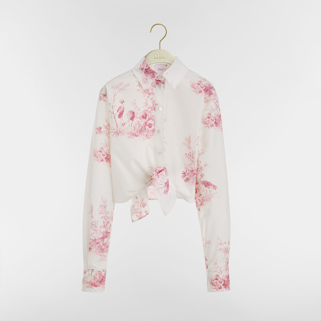 DIOR Dioriviera Tied Cropped Blouse White and Pink Toile de Jouy Floral Garden Cotton Poplin #384691