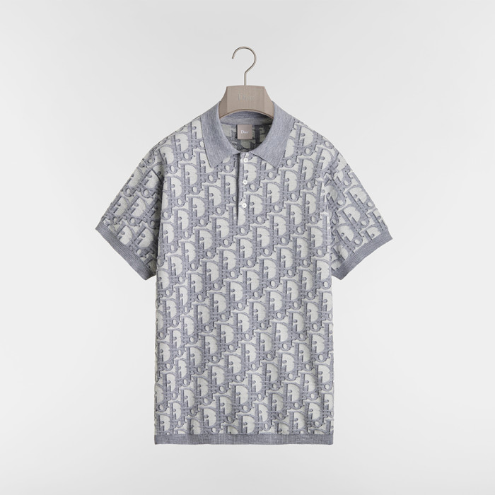 DIOR Dior Oblique Polo Shirt Regular Fit Gray Cotton-Wool-Silk Jacquard #384706