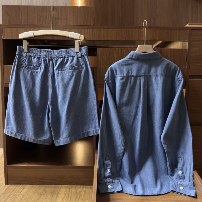 Loro Piana Evie Shirt Reinga Bermuda Shorts Cotton Linen Sapphire Dream #384969