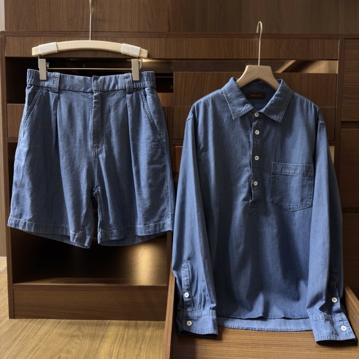Loro Piana Evie Shirt Reinga Bermuda Shorts Cotton Linen Sapphire Dream #384969