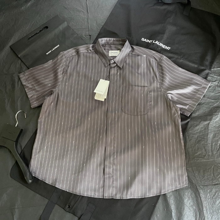Saint Laurent Shirt in Cassandre Stripe Silk Crepe De Chine in Grey Silver #385016