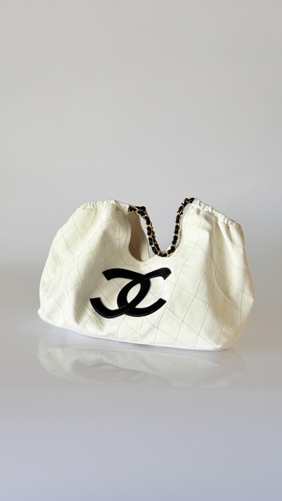 CHANEL Small Shopping Bag Denim Calfskin Gold-tone Metal White Black #383487
