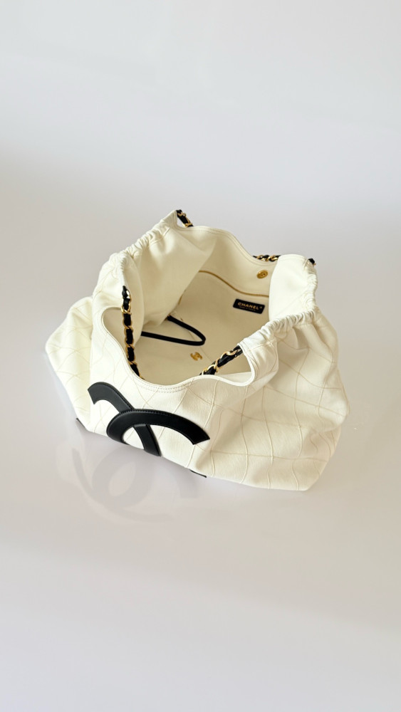 CHANEL Small Shopping Bag Denim Calfskin Gold-tone Metal White Black #383487