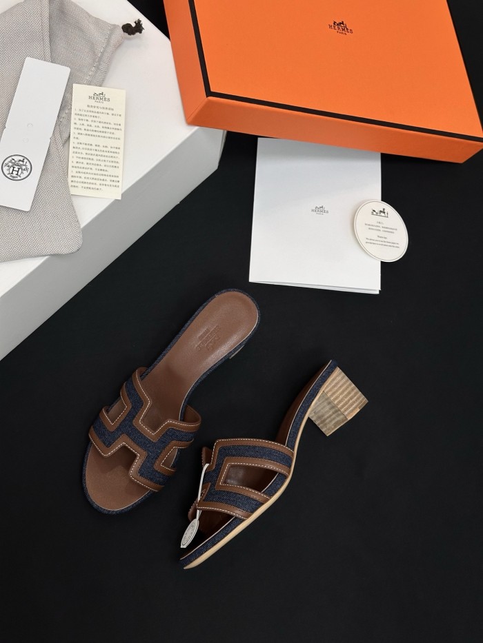 Hermès High-heeled Denim Patchwork Slippers #385101