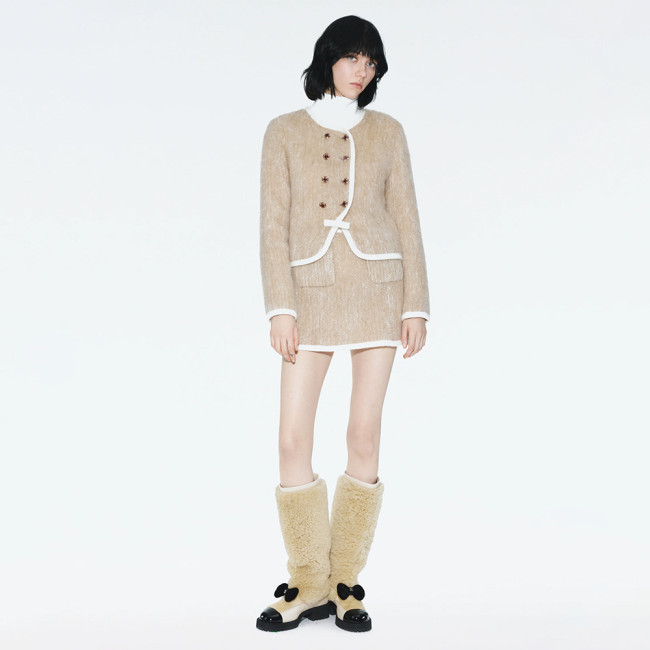 CHANEL Jacket Short skirt Mohair Wool Beige White #334401