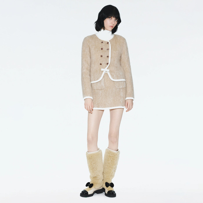 CHANEL Jacket Short skirt Mohair Wool Beige White #334401