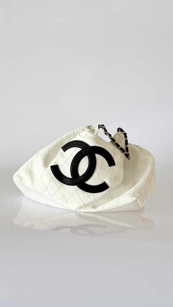 CHANEL Small Shopping Bag Denim Calfskin Gold-tone Metal White Black #383487
