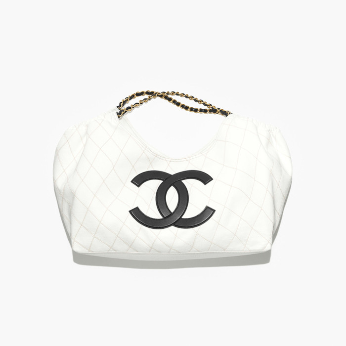 CHANEL Small Shopping Bag Denim Calfskin Gold-tone Metal White Black #383487
