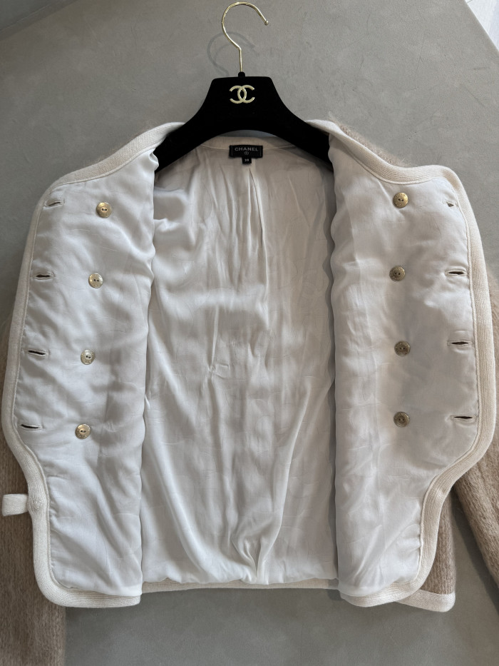 CHANEL Jacket Short skirt Mohair Wool Beige White #334401