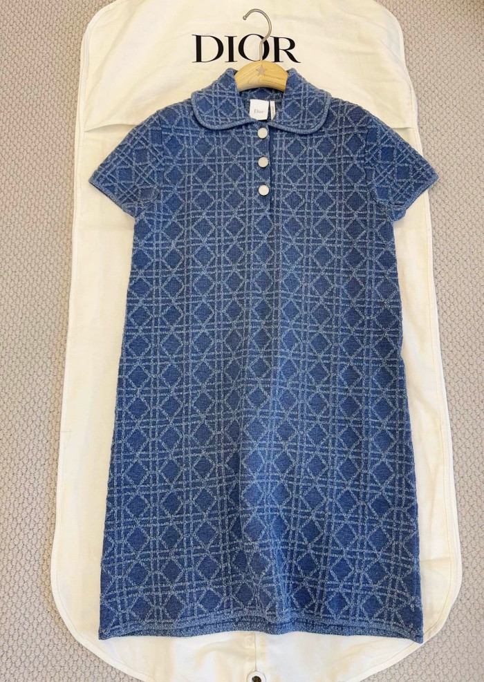 DIOR Short Macrocannage Dress Light Blue Cotton-blend Bouclé Knit #385170