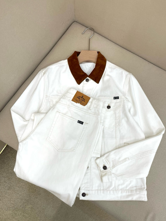 PRADA White Old Denim Jacket and Five-Pocket Jeans With Leather Details #385093