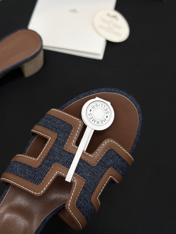 Hermès High-heeled Denim Patchwork Slippers #385101