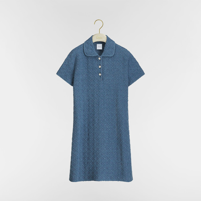 DIOR Short Macrocannage Dress Light Blue Cotton-blend Bouclé Knit #385170
