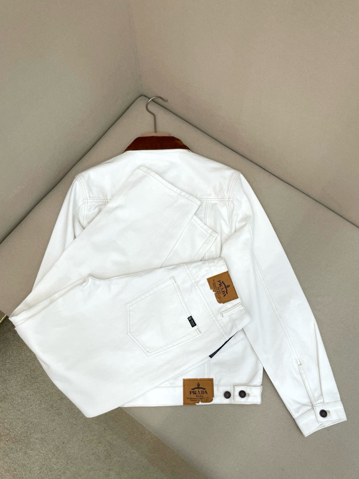 PRADA White Old Denim Jacket and Five-Pocket Jeans With Leather Details #385093