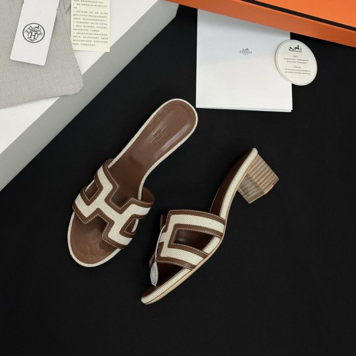 Hermès High-heeled Denim Patchwork Slippers #385101