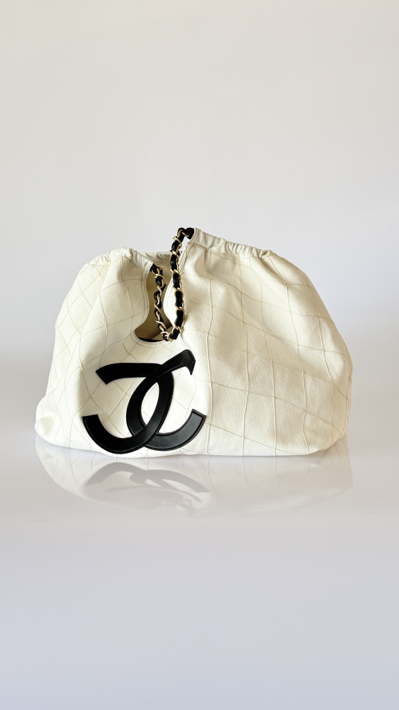 CHANEL Small Shopping Bag Denim Calfskin Gold-tone Metal White Black #383487
