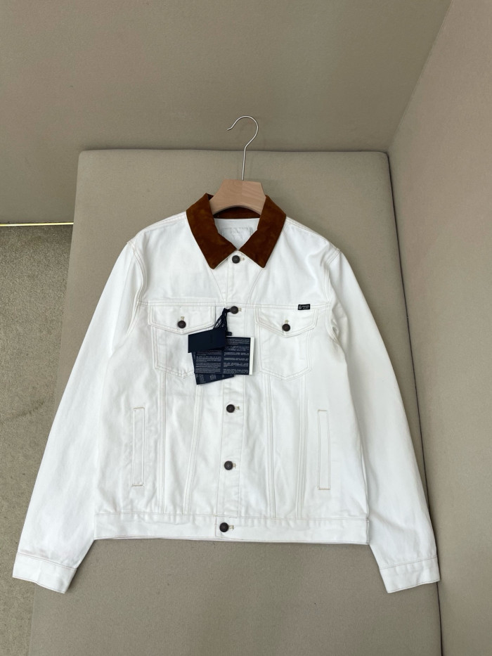 PRADA White Old Denim Jacket and Five-Pocket Jeans With Leather Details #385093