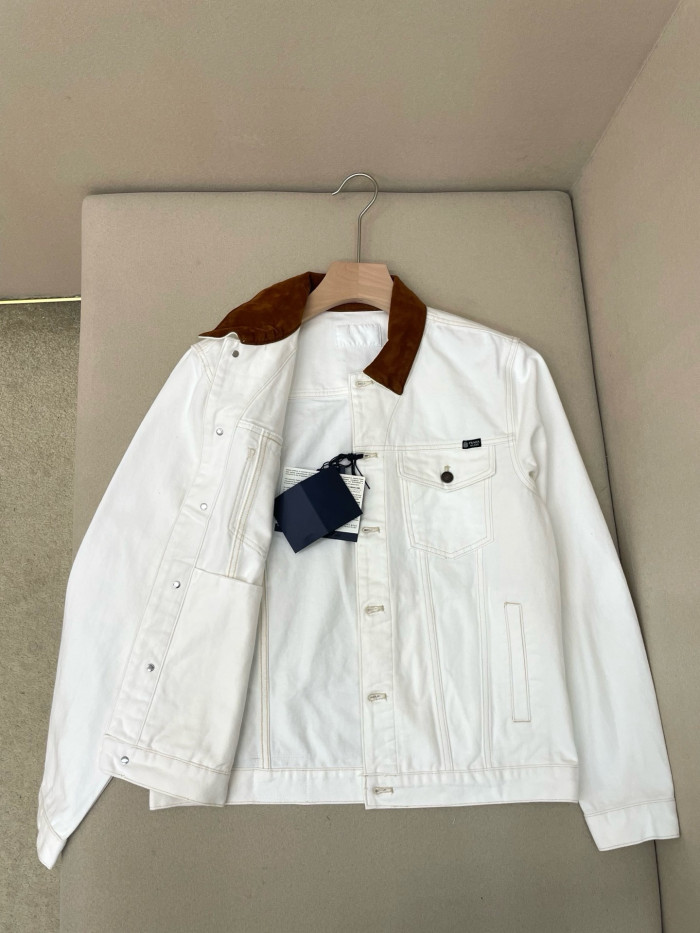 PRADA White Old Denim Jacket and Five-Pocket Jeans With Leather Details #385093
