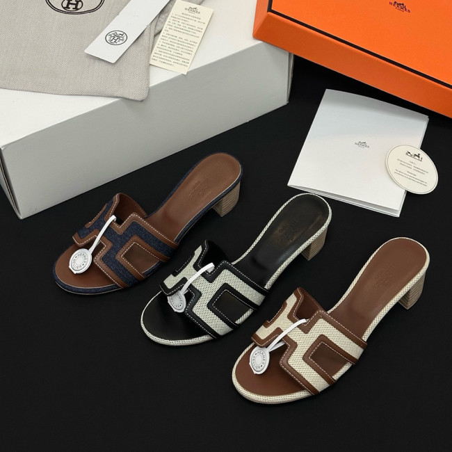 Hermès High-heeled Denim Patchwork Slippers #385101