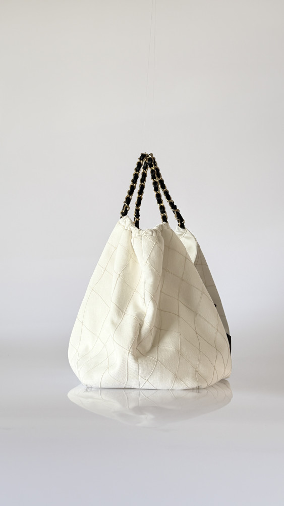 CHANEL Small Shopping Bag Denim Calfskin Gold-tone Metal White Black #383487