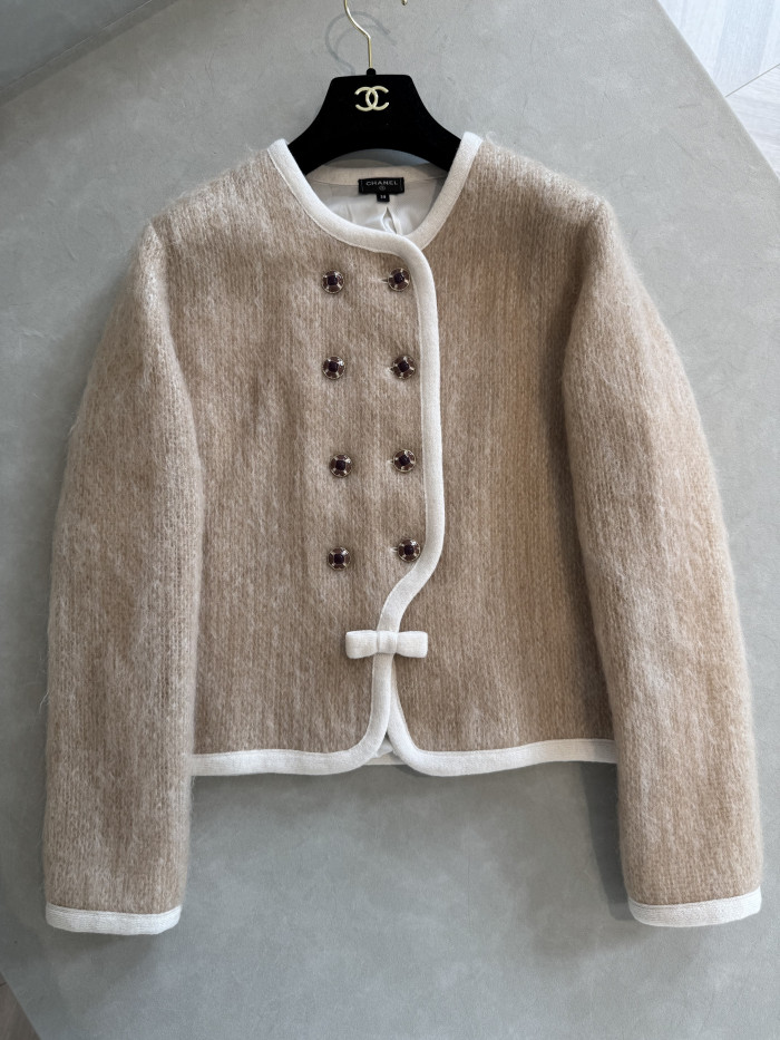 CHANEL Jacket Short skirt Mohair Wool Beige White #334401