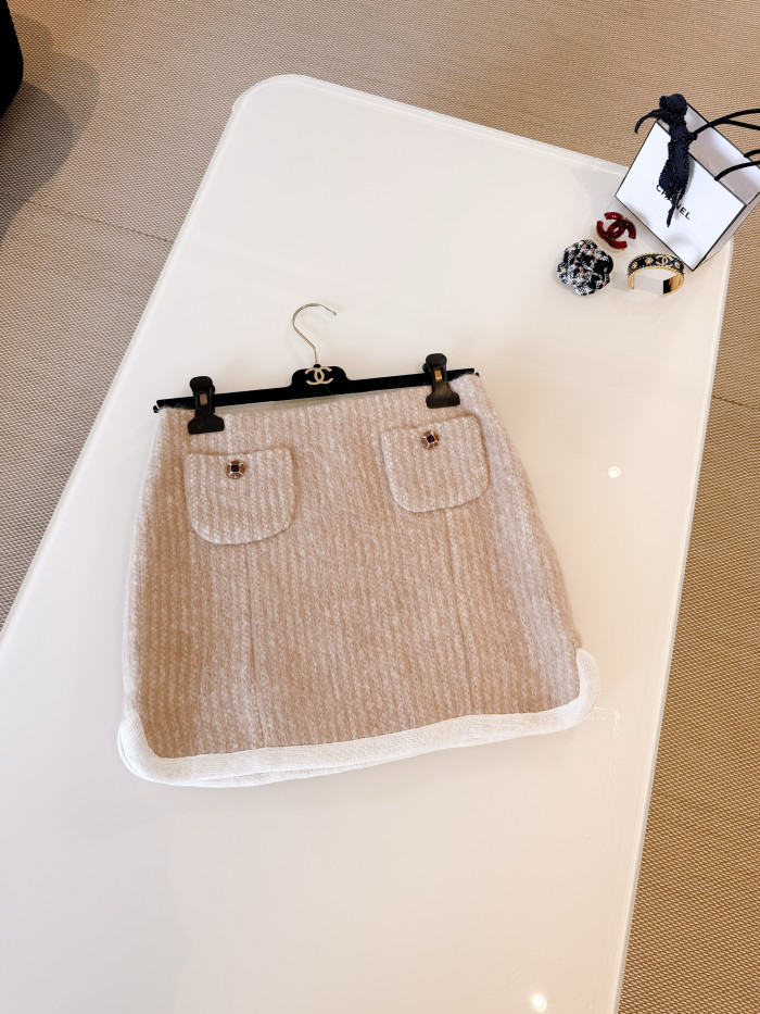 CHANEL Jacket Short skirt Mohair Wool Beige White #334401