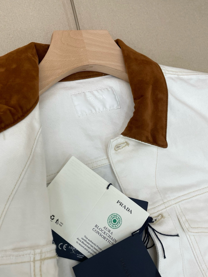 PRADA White Old Denim Jacket and Five-Pocket Jeans With Leather Details #385093