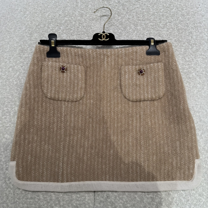 CHANEL Jacket Short skirt Mohair Wool Beige White #334401