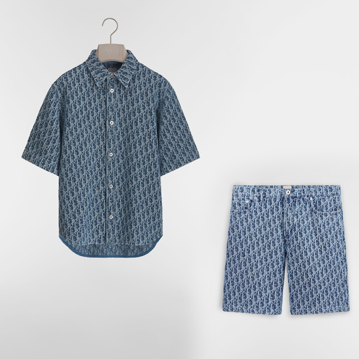 DIOR Dior Oblique Short-Sleeved Shirt and Shorts Comfortable Fit Blue Spongy Cotton-Blend Twill #384371