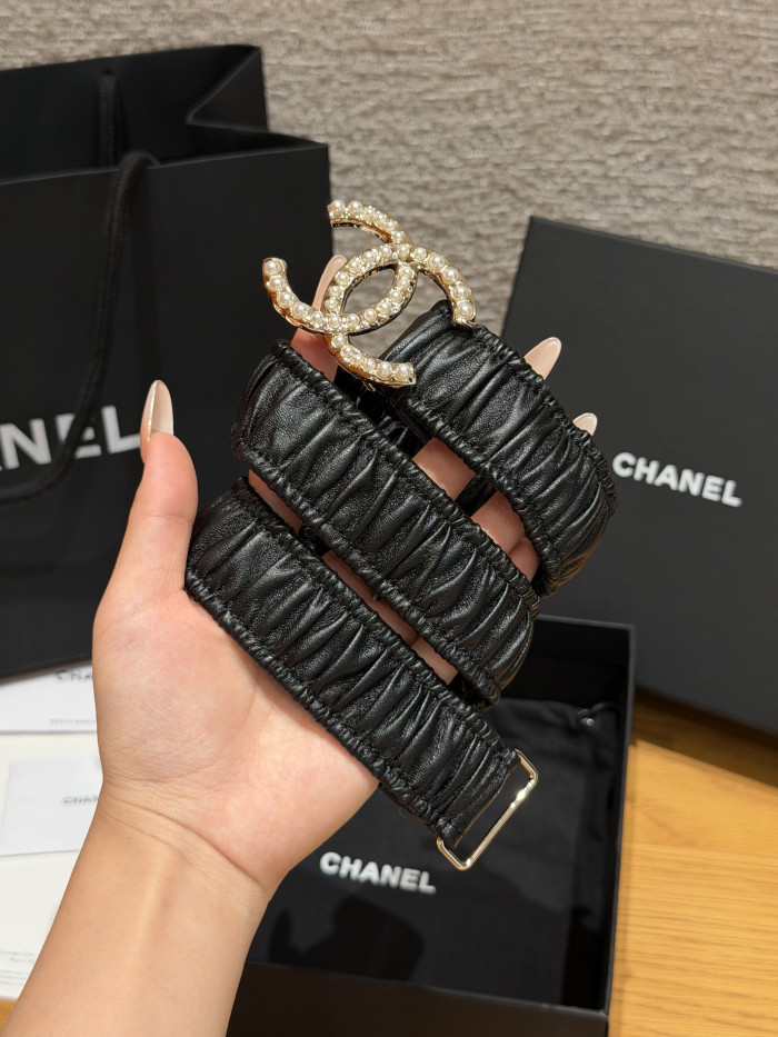 Chanel 30mm RUCHED LAMBSKIN PEARL INTERLOCKING CC STRETCH BELT #385321