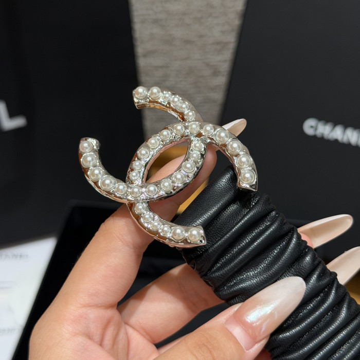 Chanel 30mm RUCHED LAMBSKIN PEARL INTERLOCKING CC STRETCH BELT #385321