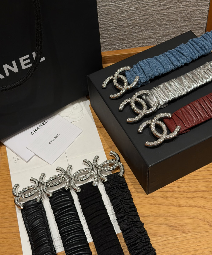 Chanel 30mm RUCHED LAMBSKIN PEARL INTERLOCKING CC STRETCH BELT #385321