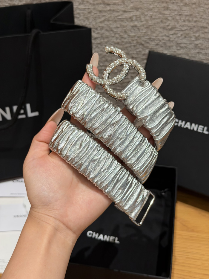 Chanel 30mm RUCHED LAMBSKIN PEARL INTERLOCKING CC STRETCH BELT #385321