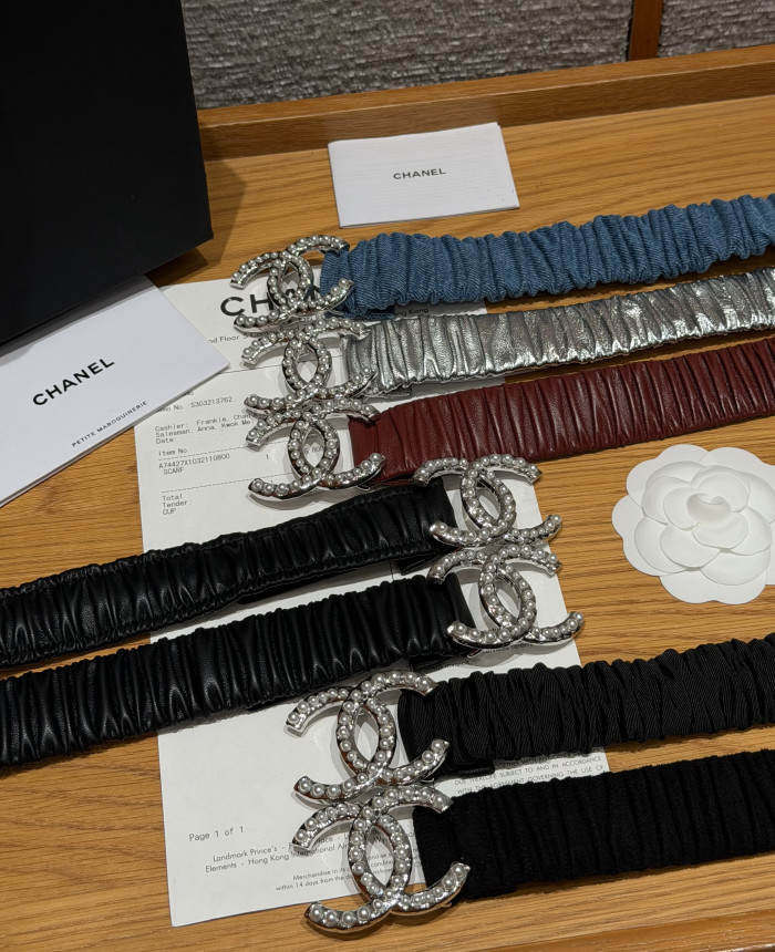 Chanel 30mm RUCHED LAMBSKIN PEARL INTERLOCKING CC STRETCH BELT #385321