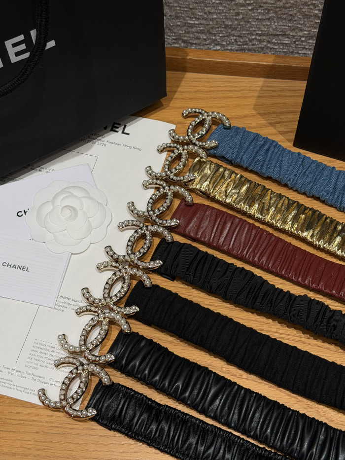 Chanel 30mm RUCHED LAMBSKIN PEARL INTERLOCKING CC STRETCH BELT #385321