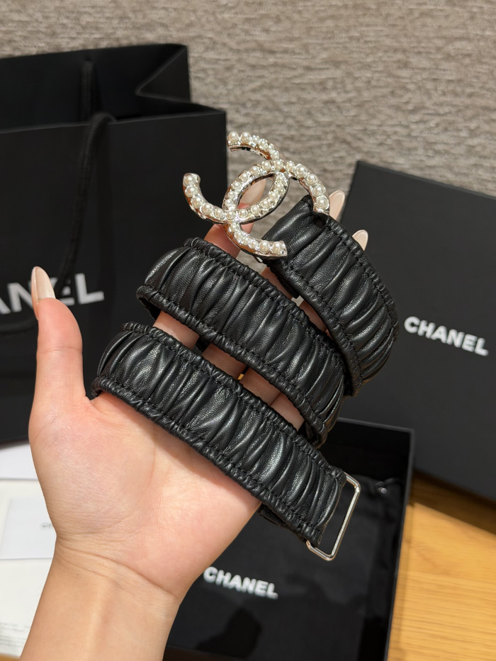 Chanel 30mm RUCHED LAMBSKIN PEARL INTERLOCKING CC STRETCH BELT #385321