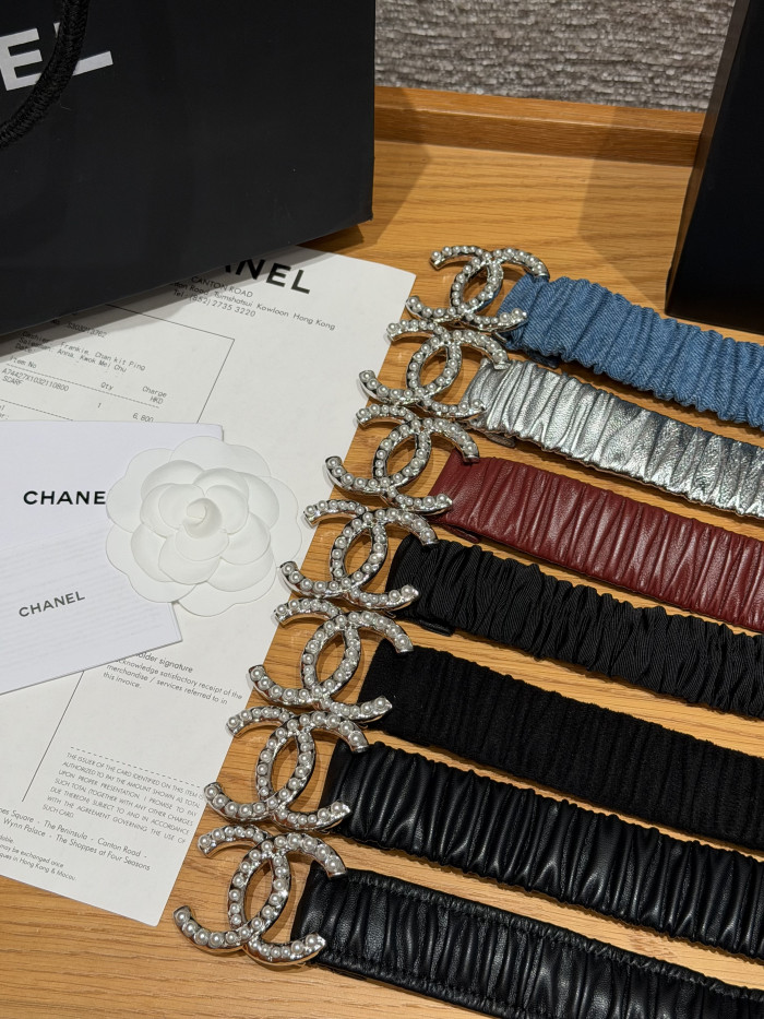 Chanel 30mm RUCHED LAMBSKIN PEARL INTERLOCKING CC STRETCH BELT #385321