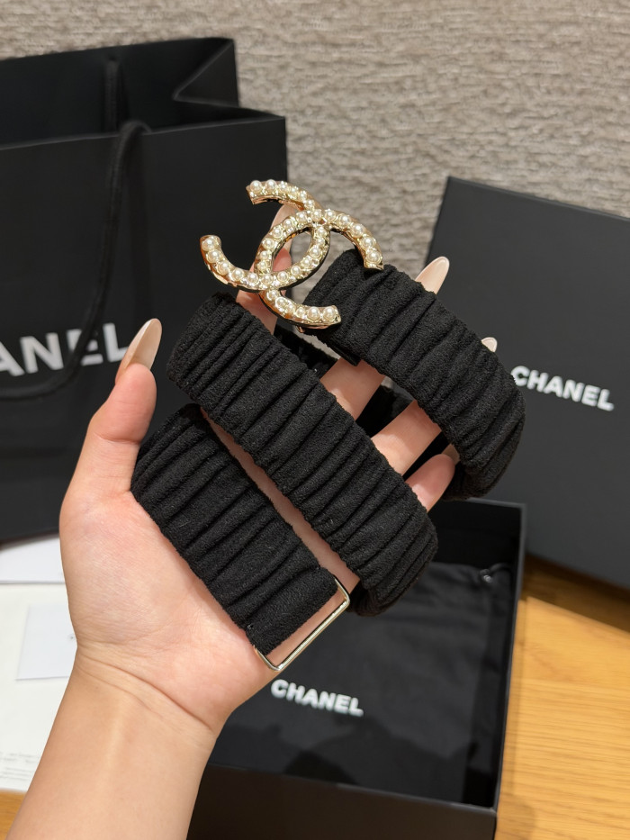 Chanel 30mm RUCHED LAMBSKIN PEARL INTERLOCKING CC STRETCH BELT #385321
