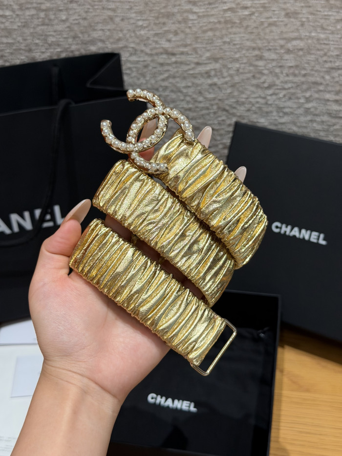 Chanel 30mm RUCHED LAMBSKIN PEARL INTERLOCKING CC STRETCH BELT #385321
