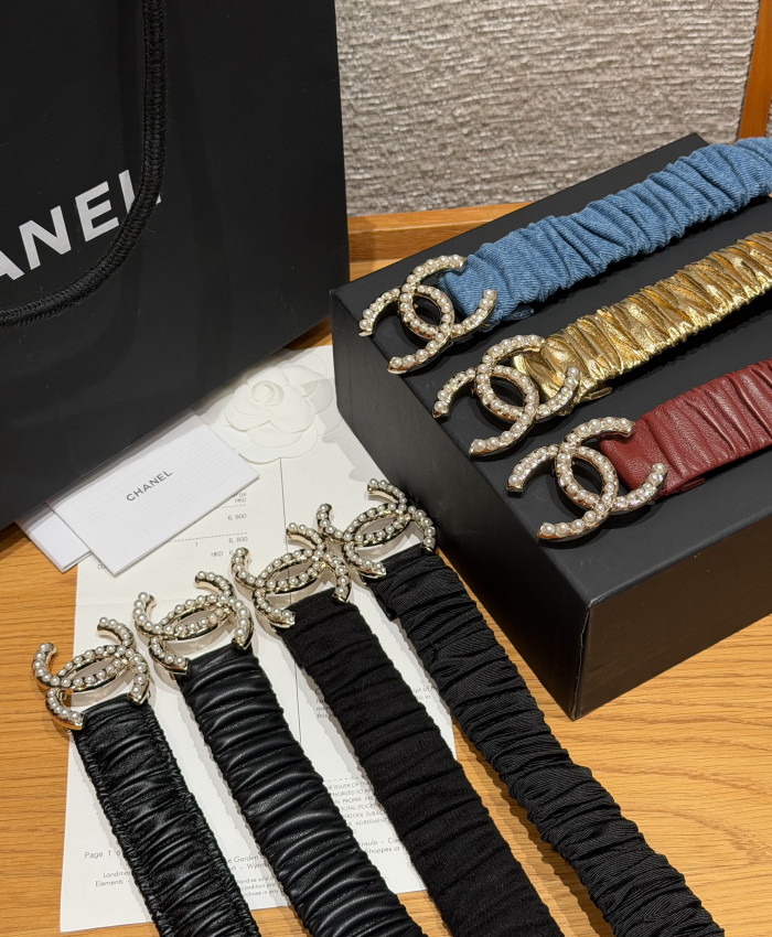 Chanel 30mm RUCHED LAMBSKIN PEARL INTERLOCKING CC STRETCH BELT #385321