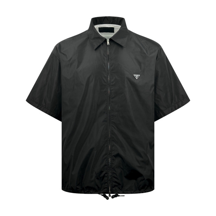 PRADA Chalk White Short-sleeved Re-nylon Zipper Shirt #385365