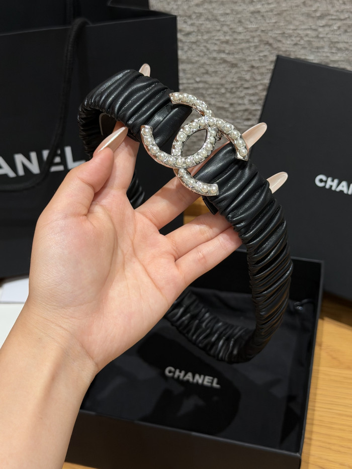 Chanel 30mm RUCHED LAMBSKIN PEARL INTERLOCKING CC STRETCH BELT #385321