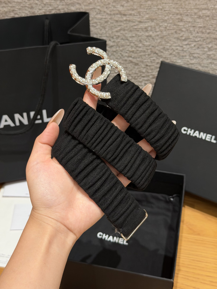 Chanel 30mm RUCHED LAMBSKIN PEARL INTERLOCKING CC STRETCH BELT #385321