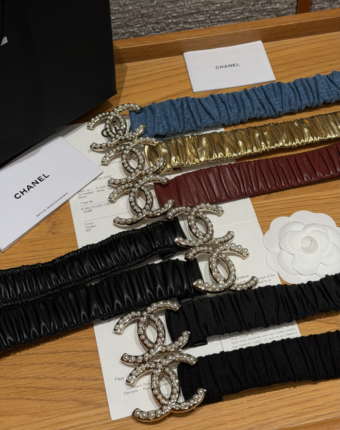 Chanel 30mm RUCHED LAMBSKIN PEARL INTERLOCKING CC STRETCH BELT #385321