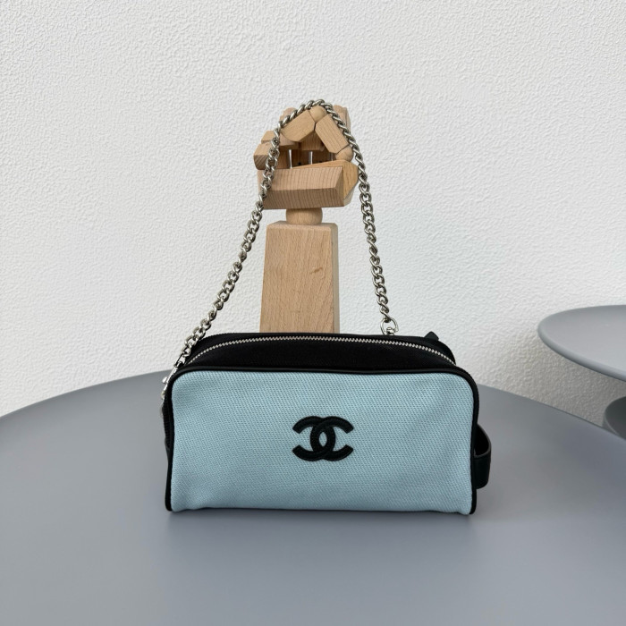 CHANEL Large Zipped Pouch Canvas Calfskin Silver-tone Metal Blue Black #385402
