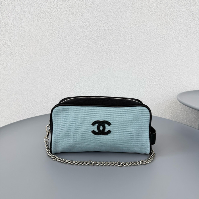 CHANEL Large Zipped Pouch Canvas Calfskin Silver-tone Metal Blue Black #385402